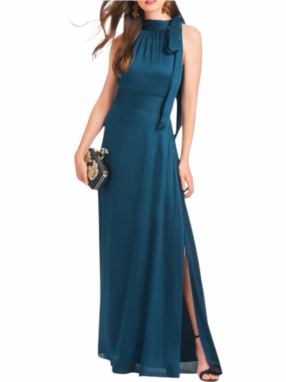 NWT SACHIN + BABI Bottle Green Sleeveless Tie Neck Maxi Dress Gown Size 10